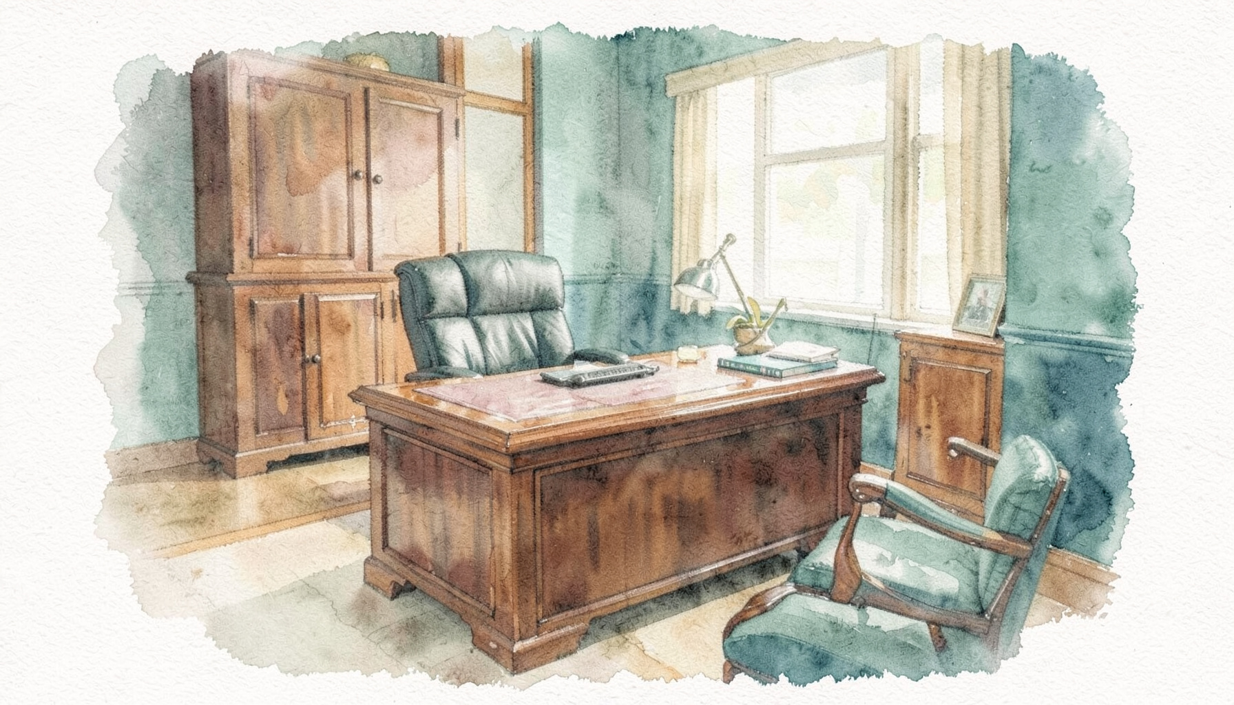 Soft watercolour of a welcoming executive office with warm wood desk, comfortable seating, and natural light, calm professional mood